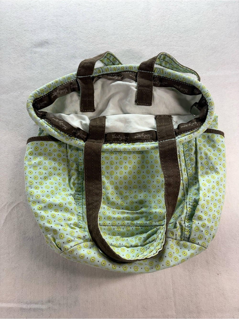 Thirty-One Quilted Tote Bag Mint Green Floral Print Brown Trim Organizer Purse - Picture 6 of 9